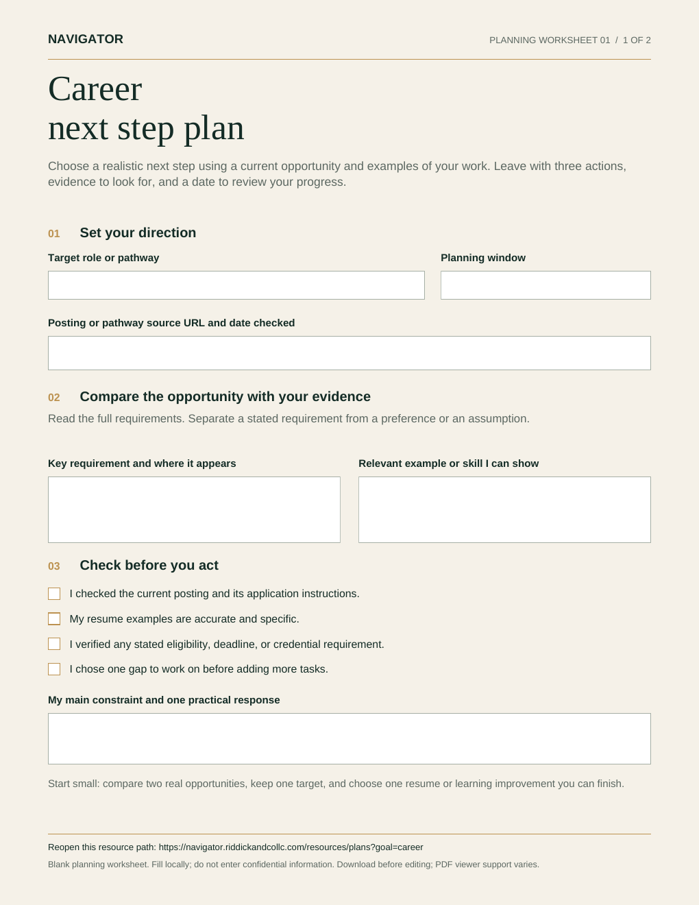 Make a career move: first page of the blank planning worksheet
