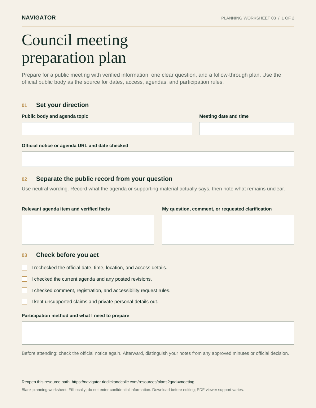 Prepare for a council meeting: first page of the blank planning worksheet