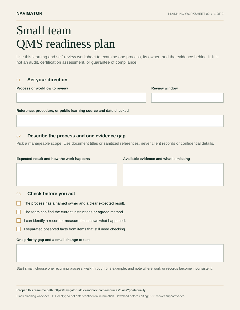 Strengthen a quality system: first page of the blank planning worksheet