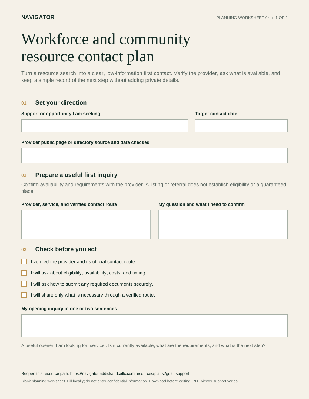 Find workforce & local support: first page of the blank planning worksheet