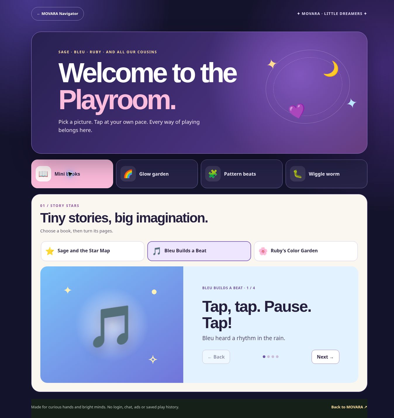 MOVARA Playroom with original story and pattern activities