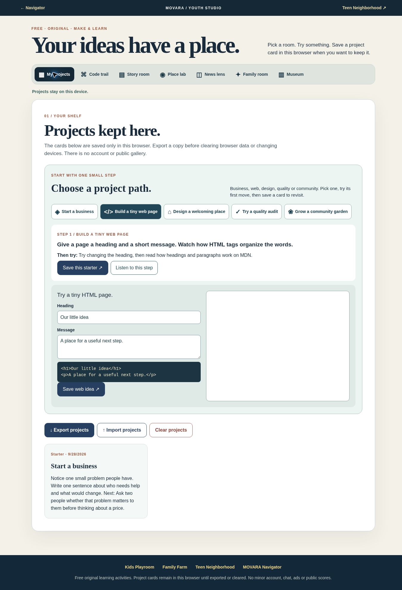 Youth Studio with business, web, design, quality and community project starter choices